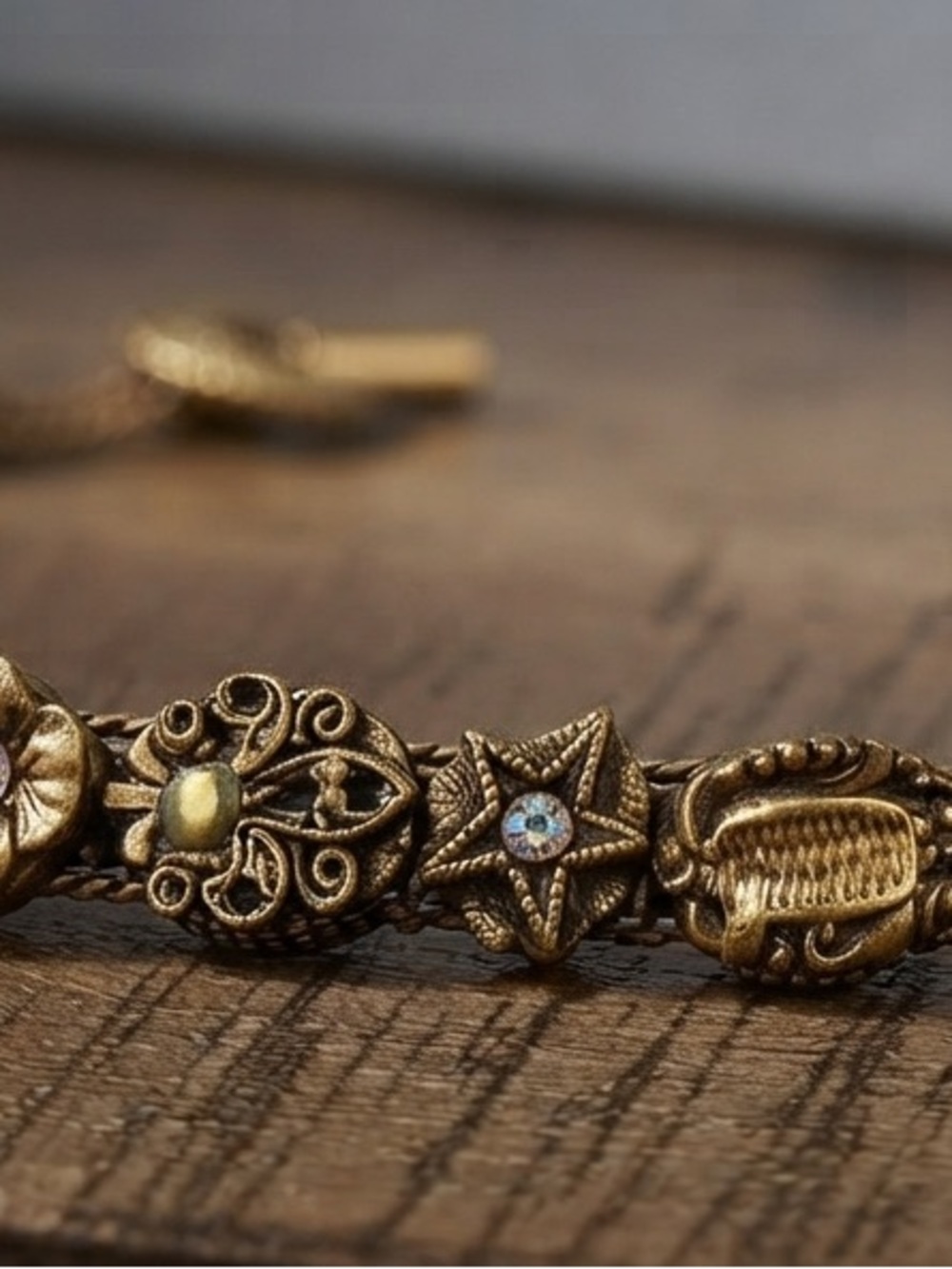 Vintage Ornate Slider Bracelet with Mixed Motif Charms